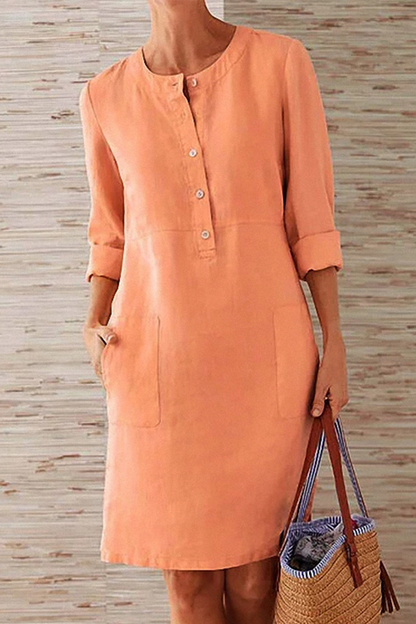 Vestidos casuales de manga larga con cuello redondo, bolsillos y hebilla (6 colores)