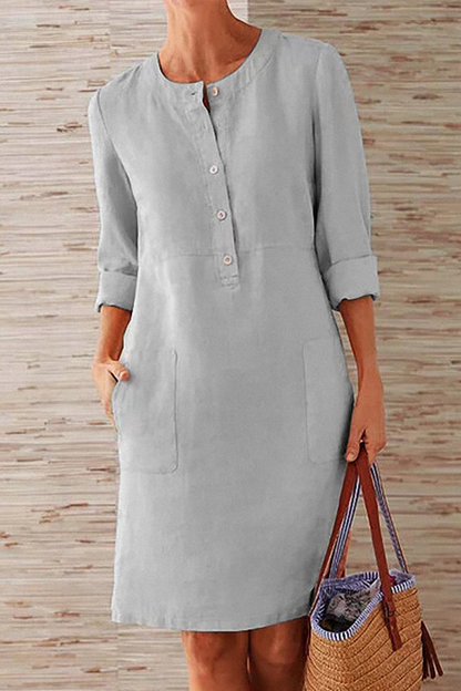 Vestidos casuales de manga larga con cuello redondo, bolsillos y hebilla (6 colores)
