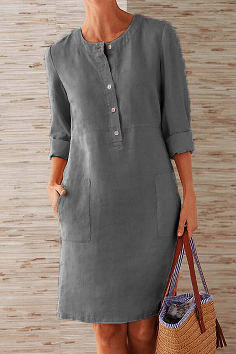 Vestidos casuales de manga larga con cuello redondo, bolsillos y hebilla (6 colores)