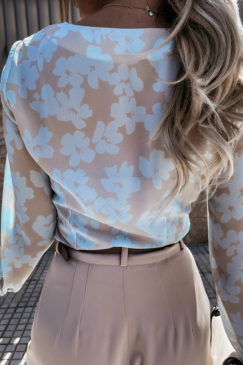 Blusa elegante con cuello en V y hebilla de patchwork con estampado (3 colores)