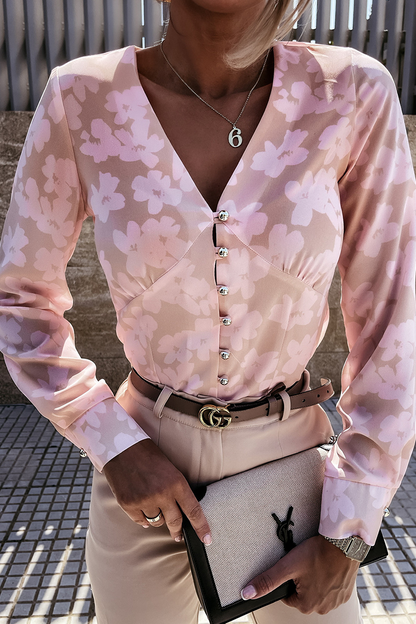 Blusa elegante con cuello en V y hebilla de patchwork con estampado (3 colores)