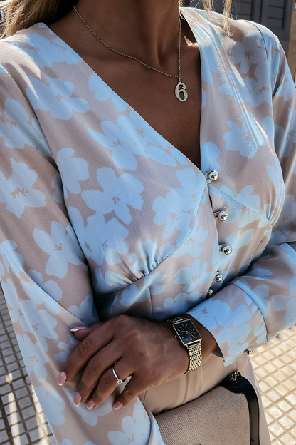 Blusas elegantes con cuello en V, hebilla y estampado de patchwork (3 colores)