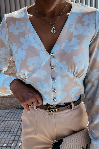 Blusa elegante con cuello en V y hebilla de patchwork con estampado (3 colores)
