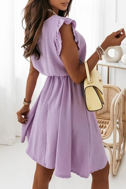 Elegante vestido de línea A con cuello redondo, volante liso y cinturón (4 colores)