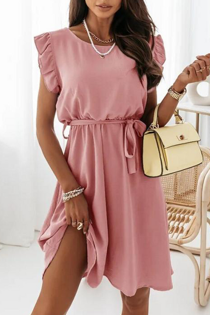 Elegante vestido de línea A con cuello redondo, volante liso y cinturón (4 colores)