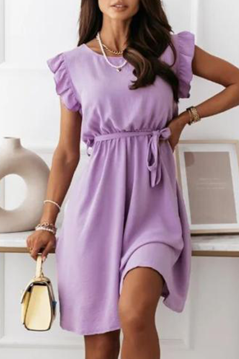 Elegante vestido de línea A con cuello redondo, volante liso y cinturón (4 colores)