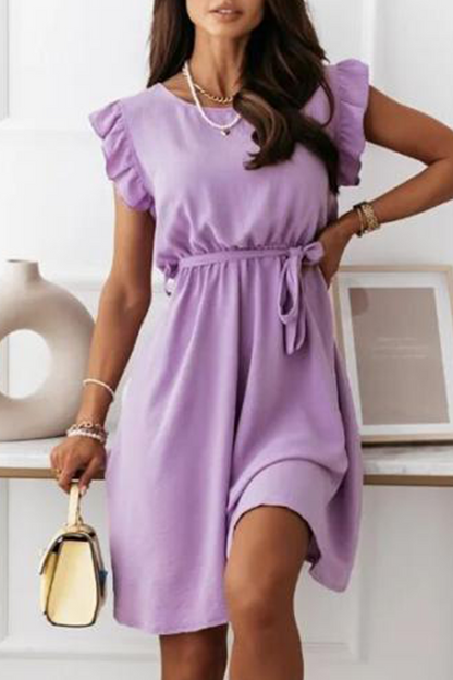 Elegante vestido de línea A con cuello redondo, volante liso y cinturón (4 colores)