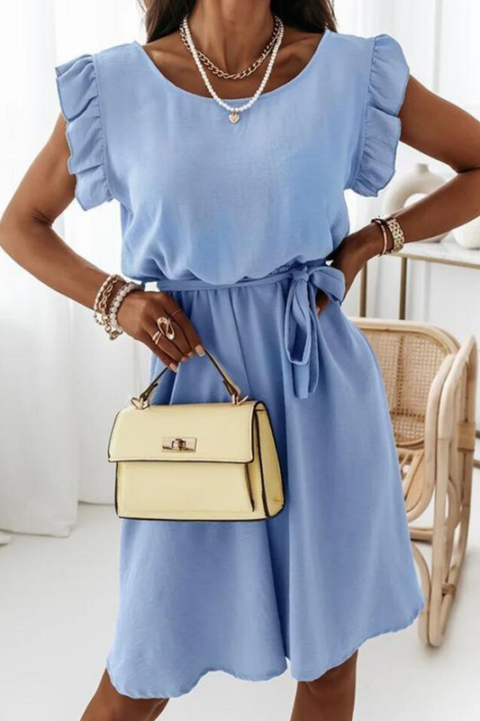 Elegant Solid Flounce With Belt O Neck A Line Dresses(4 Colors)£©
