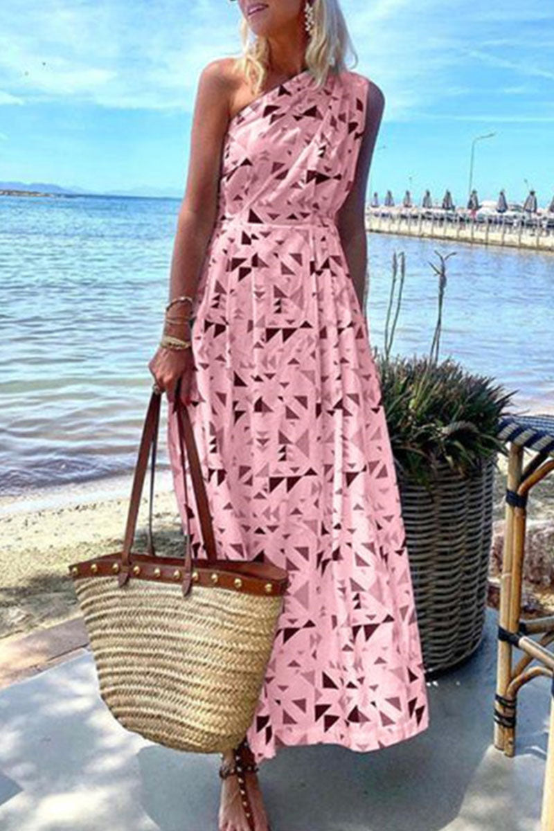 Vestidos de moda con estampado bohemio de patchwork, de un solo hombro y corte A (3 colores)
