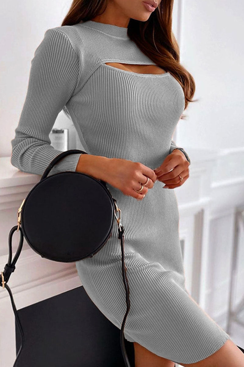 Vestidos de falda lápiz con cuello redondo, ahuecados y sólidos de moda callejera