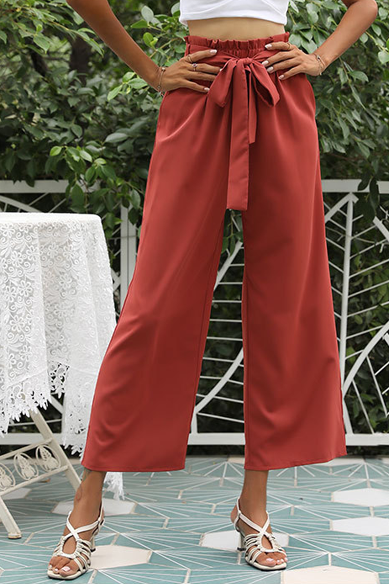 Pantalones casuales lisos con cinturón, rectos, de pierna ancha y color liso