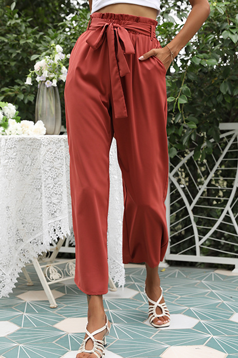 Pantalones casuales lisos con cinturón, rectos, de pierna ancha y color liso