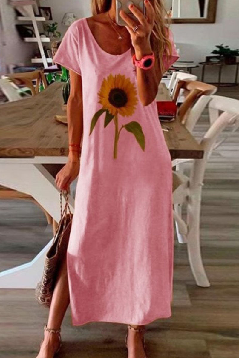 Vestidos de falda lápiz con cuello redondo y abertura con estampado casual de moda
