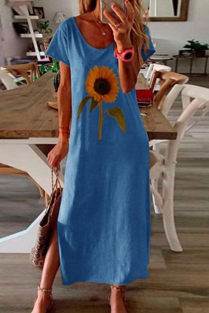 Vestidos de falda lápiz con cuello redondo y abertura con estampado casual de moda