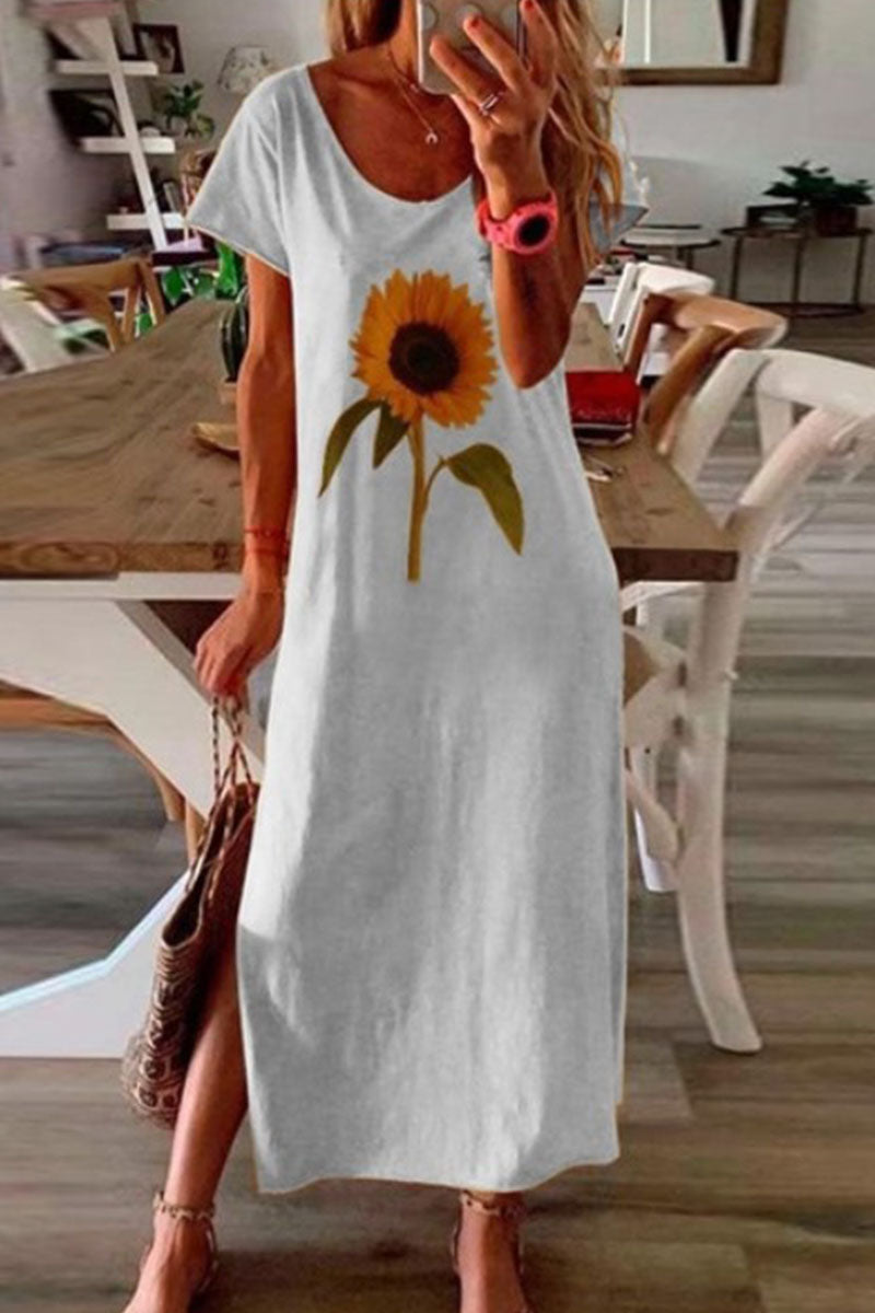 Vestidos de falda lápiz con cuello redondo y abertura con estampado casual de moda