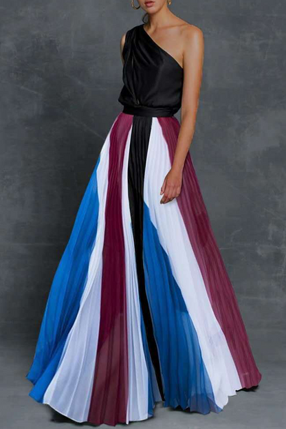 Elegante vestido de moda con falda y cuello oblicuo en contraste de patchwork (7 colores)