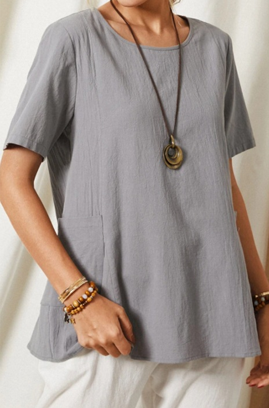 Blusas casuales de cuello redondo con parches sólidos