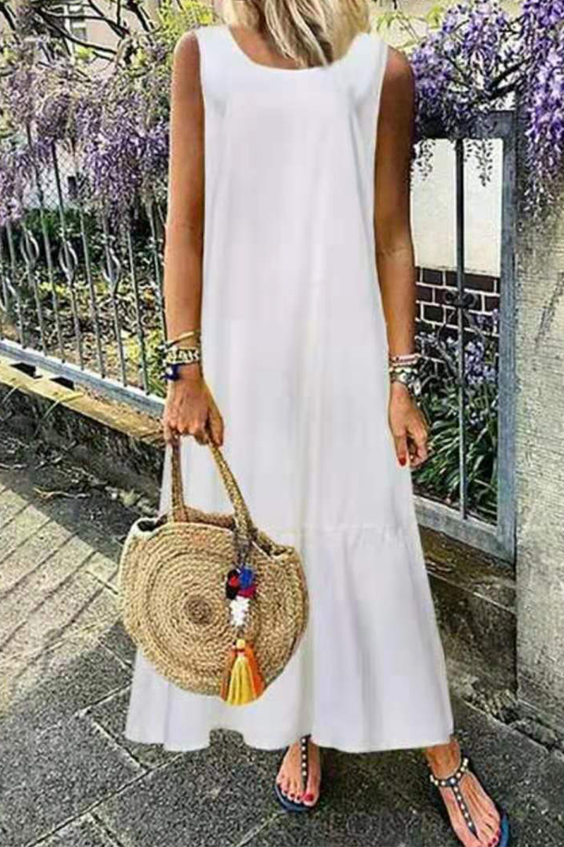 Vestidos casuales de corte A con cuello redondo, volantes y patchwork liso