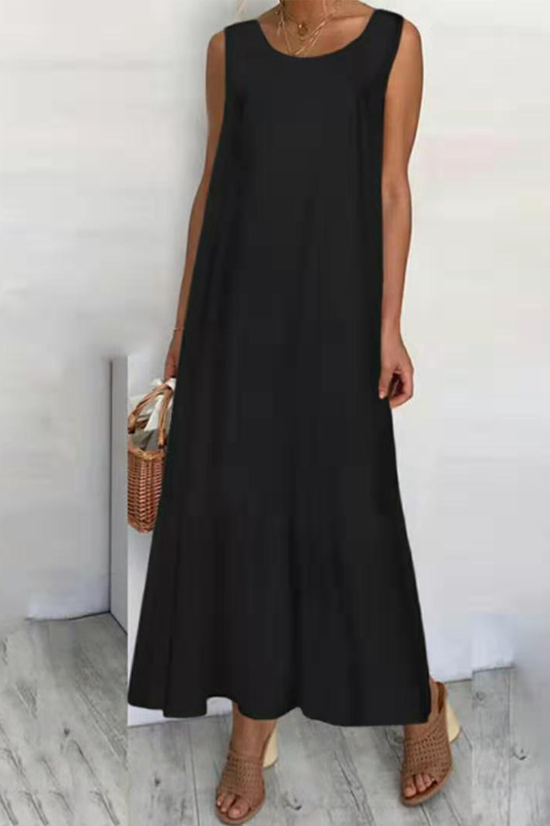 Vestidos casuales de corte A con cuello redondo, volantes y patchwork liso