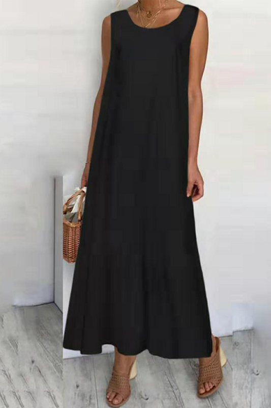 Vestidos casuales de corte A con cuello redondo, volantes y patchwork liso