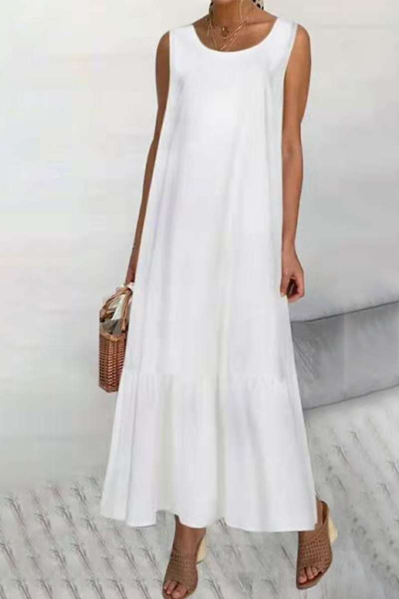 Vestidos casuales de corte A con cuello redondo, volantes y patchwork liso