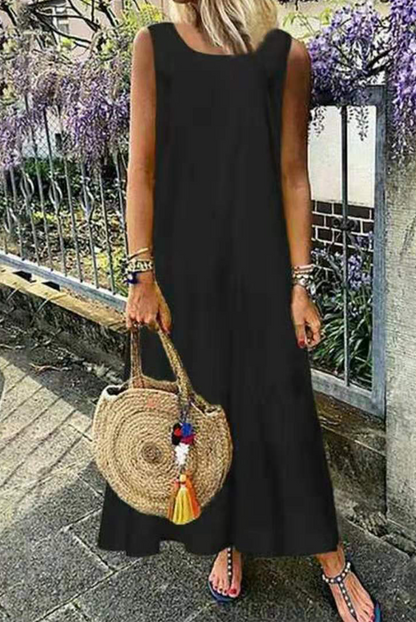 Vestidos casuales de corte A con cuello redondo, volantes y patchwork liso