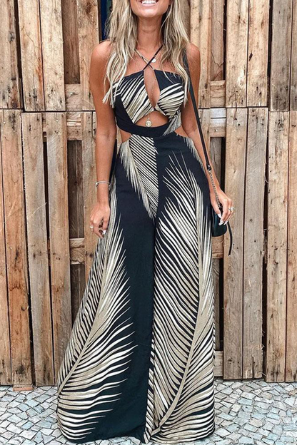 Mono informal con cuello halter, estampado urbano, ahuecado y cordón ajustable