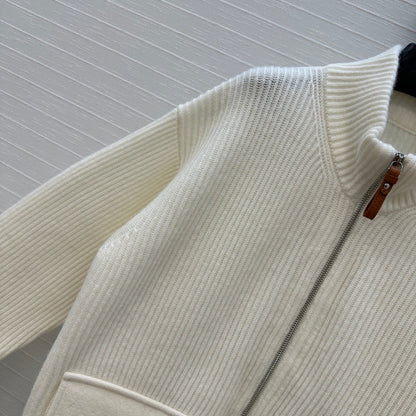 HM 25S Zipped Jacket H Leather Pockets in White Cashmere
