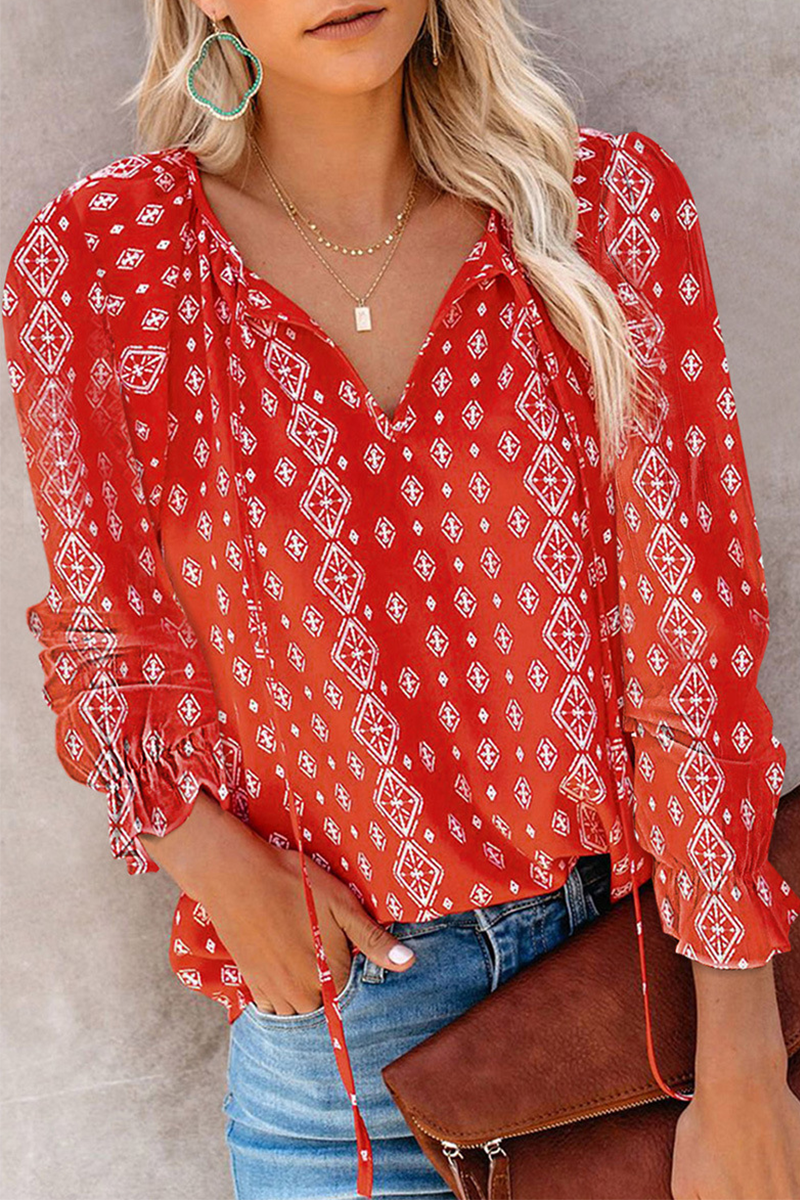 Casual Elegant Print Patchwork Frenulum V Neck Tops(7 Colors)
