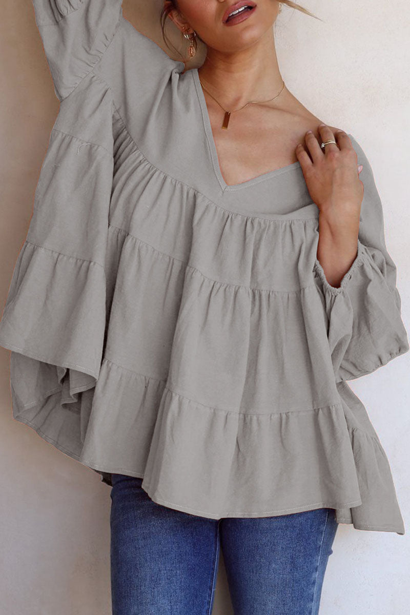 Tops casuales de moda con cuello en V y abertura en la parte superior lisa