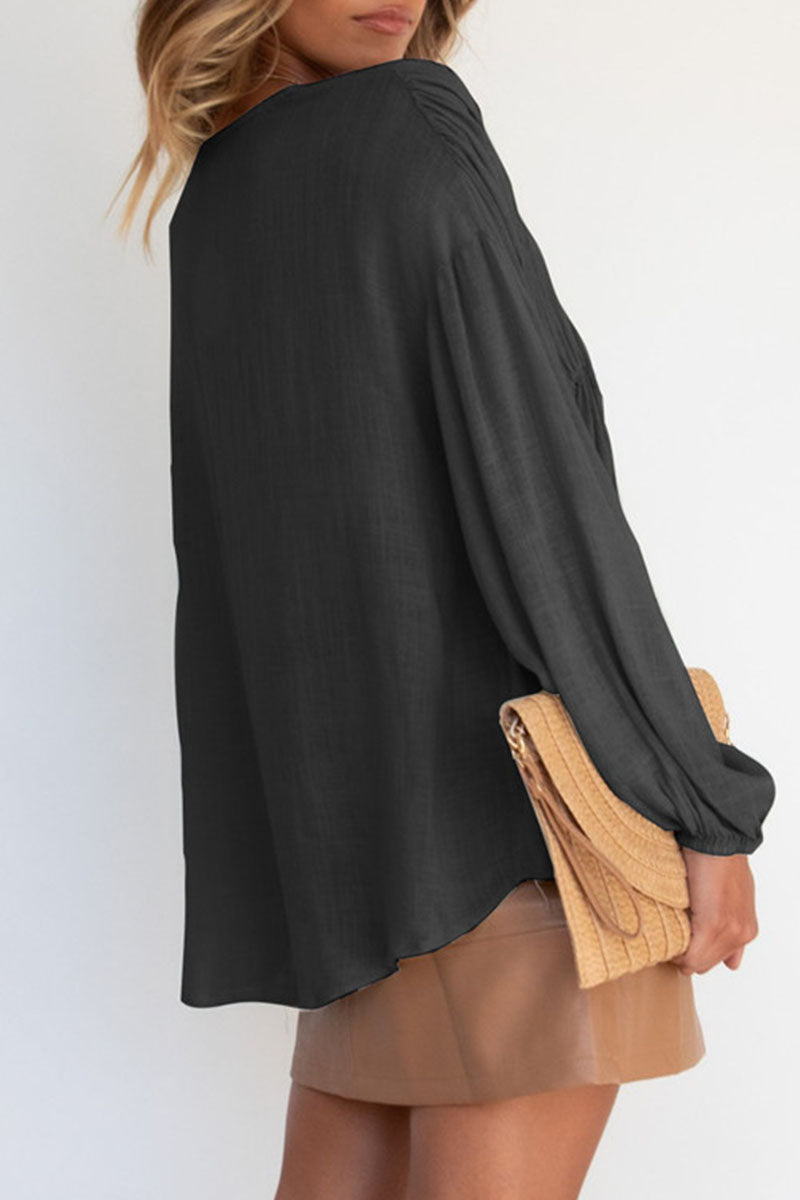 Tops casuales de moda con cuello en V y parches sólidos (3 colores)
