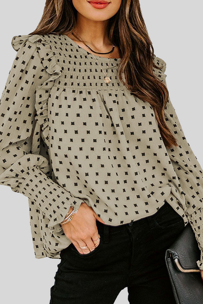Blusa informal elegante con cuello redondo, estampado de patchwork y orillo fibroso (4 colores)