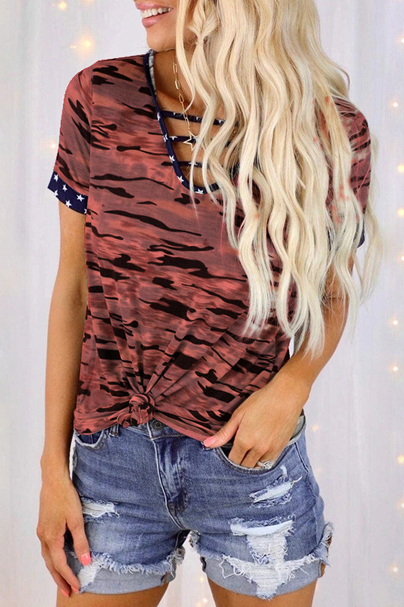Camiseta informal con estampado de camuflaje urbano, cuello en V, abertura y abertura (5 colores)