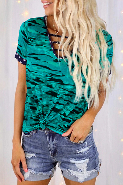 Camiseta informal con estampado de camuflaje urbano, cuello en V, abertura y abertura (5 colores)