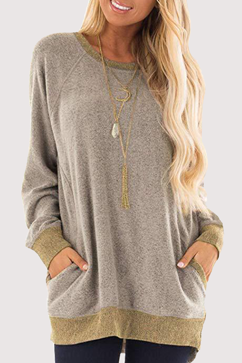 Tops casuales de cuello redondo con bolsillos y patchwork