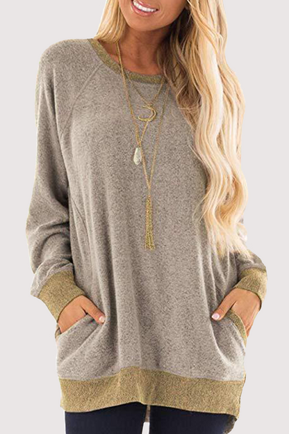 Tops casuales de cuello redondo con bolsillos y patchwork