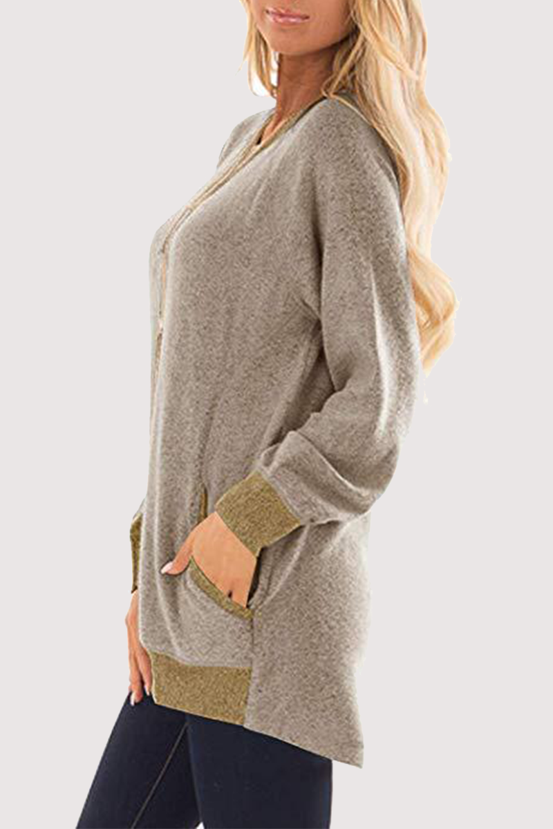 Tops casuales de cuello redondo con bolsillos y patchwork