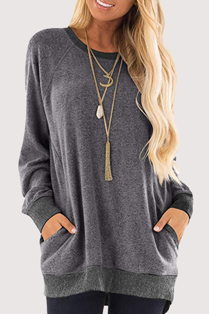 Tops casuales de cuello redondo con bolsillos y patchwork