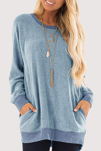 Tops casuales de cuello redondo con bolsillos y patchwork