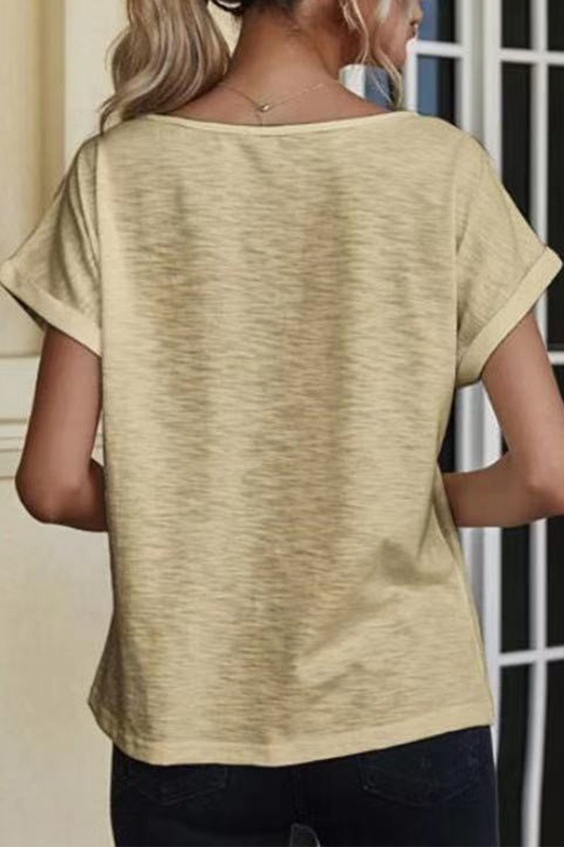 Camisetas casuales de encaje liso con escote en V y abertura en la parte delantera