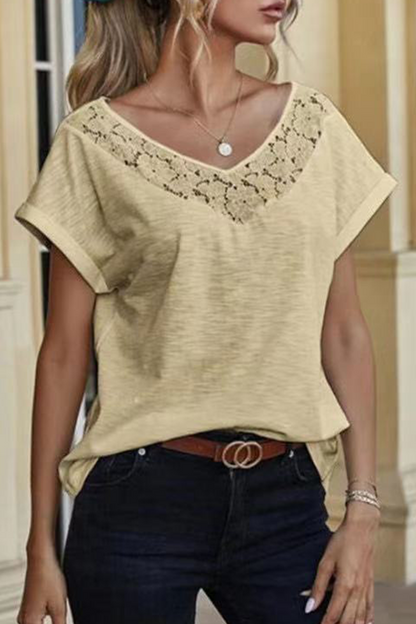 Camisetas casuales de encaje liso con escote en V y abertura en la parte delantera