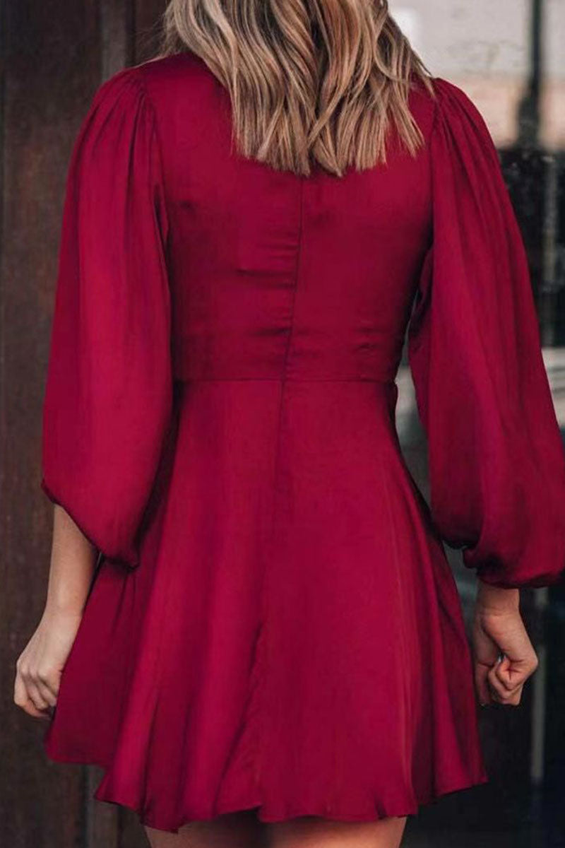 Vestidos de moda con cuello en V, línea A y patchwork liso (2 colores)