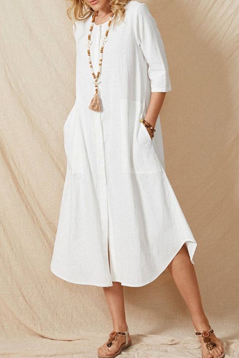 Casual Solid Pocket Buckle O Neck A Line Dresses