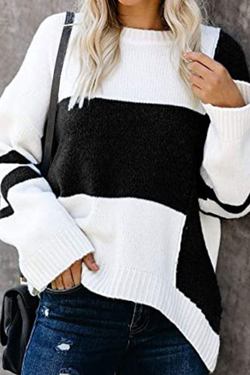 Suéter casual con cuello redondo y diseño de patchwork en contraste