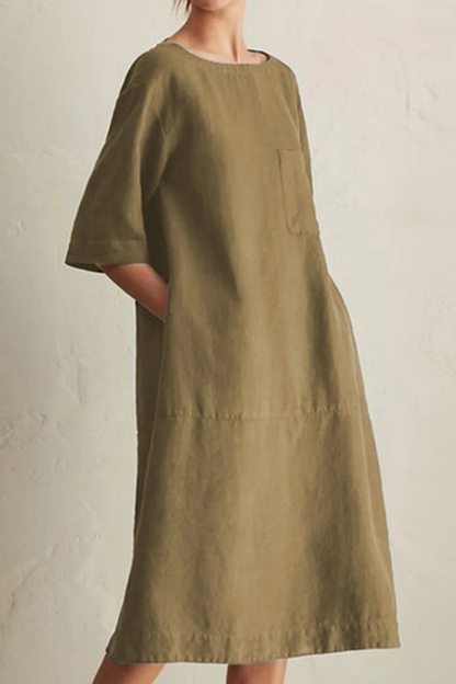 Vestidos casuales de corte A con cuello redondo, bolsillos y parches lisos (6 colores)