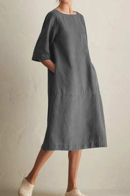Vestidos casuales de corte A con cuello redondo, bolsillos y parches lisos (6 colores)