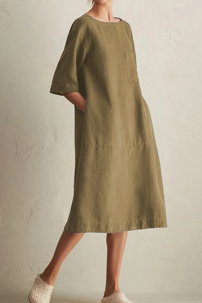 Vestidos casuales de corte A con cuello redondo, bolsillos y parches lisos (6 colores)