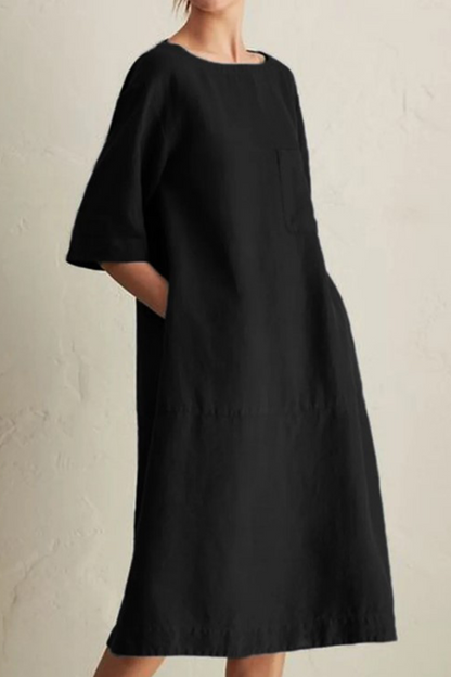 Vestidos casuales de corte A con cuello redondo, bolsillos y parches lisos (6 colores)
