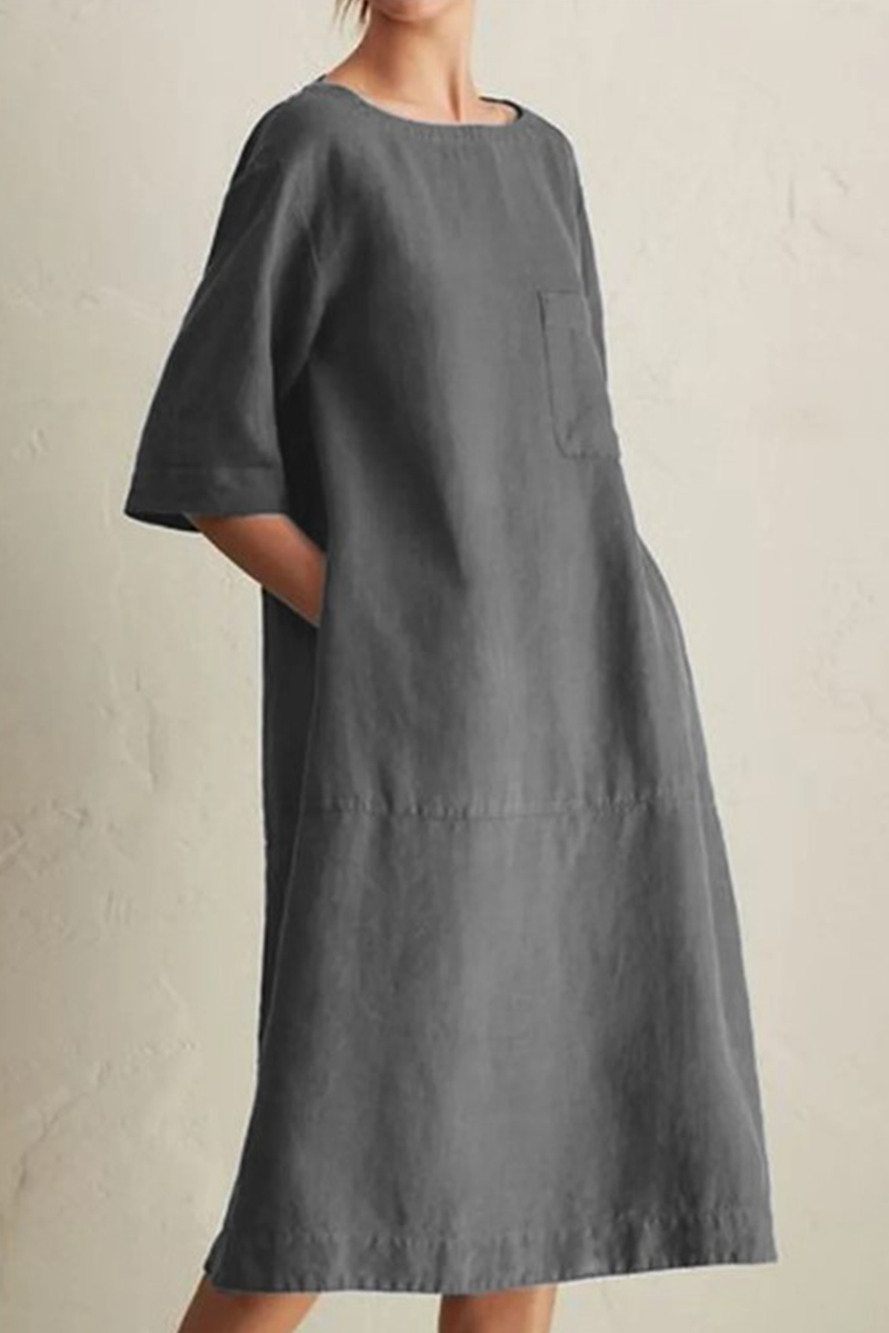 Vestidos casuales de corte A con cuello redondo, bolsillos y parches lisos (6 colores)