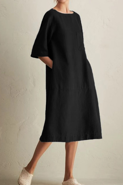 Vestidos casuales de corte A con cuello redondo, bolsillos y parches lisos (6 colores)
